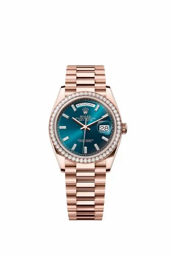 Rolex Day-Date 36 Everose Gold - Diamond / Blue-Green - Baguette / President 128345RBR-0083 (m128345rbr-0083)